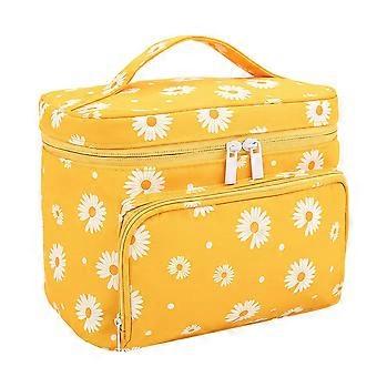 Grande trousse de maquillage pour les femmes Filles Grands sacs à cosmétiques avec poignée Sac organisateur de maquillage de voyage avec porte-pinceau, Marguerite orange