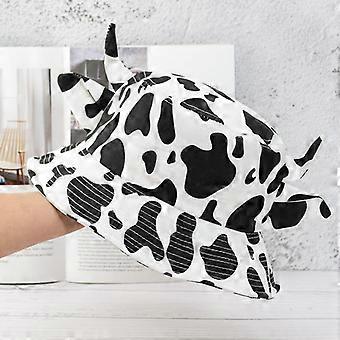 Unisex Cow Print Bucket Hat Cotton Cow Hat with Cute Horn Ears Summer Beach Sun Hat Fisherman Hat Outdoor Cap(Black+white cow)