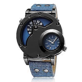 Men'S Quartz Watch with Unique Dual Time Zone Dial, Alloy Case, Canvas and Leather Strap, Vintage Punk Style Blue@q