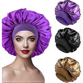 3pcs Night Hair Satin Bonnet, Night Hair Silk Bonnet Satin Night Cap Satin Bonnet Women Elastic Hair Protection for Long Hair Curly Hair (Black, Gold