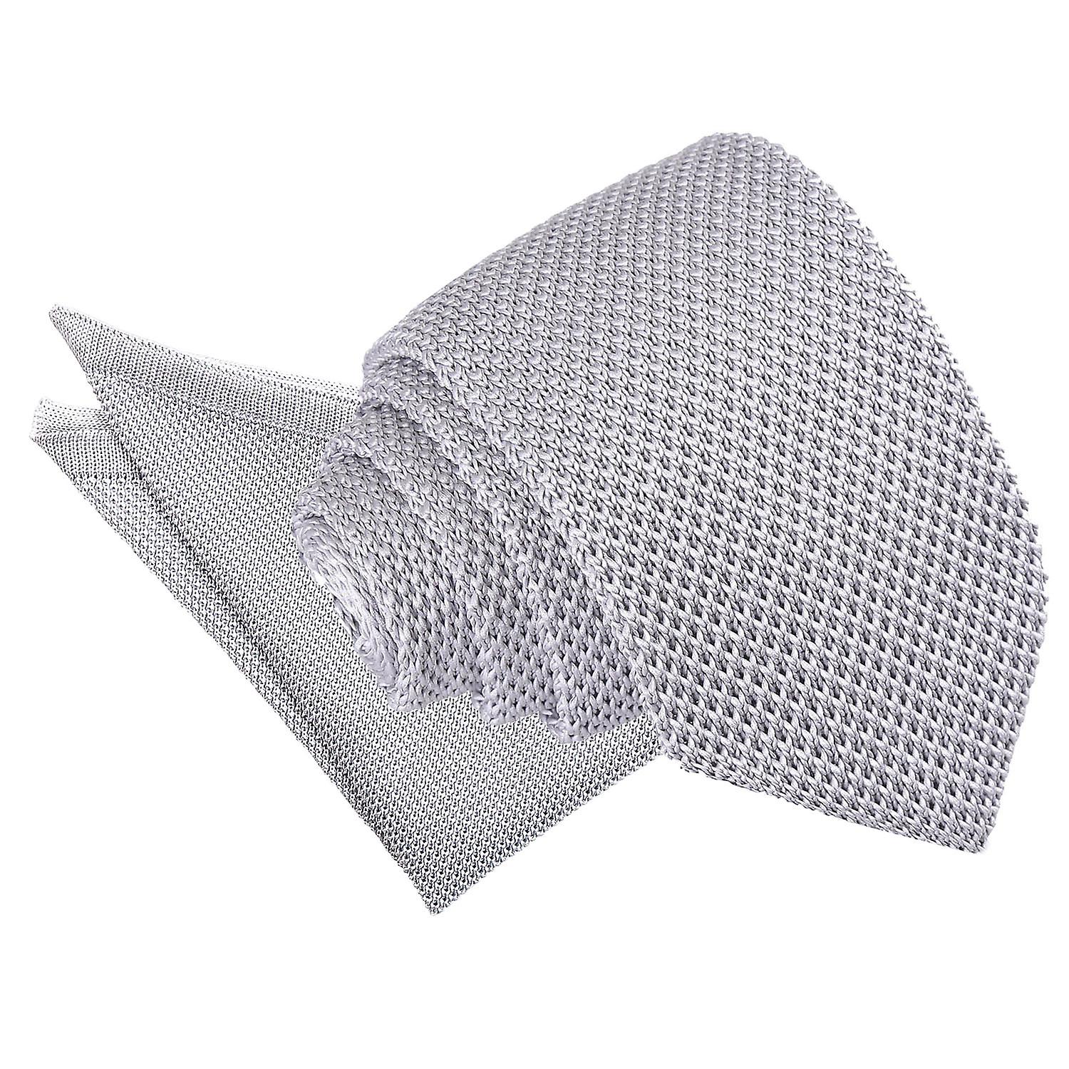Silver Knitted Slim Tie and Pocket Square Set