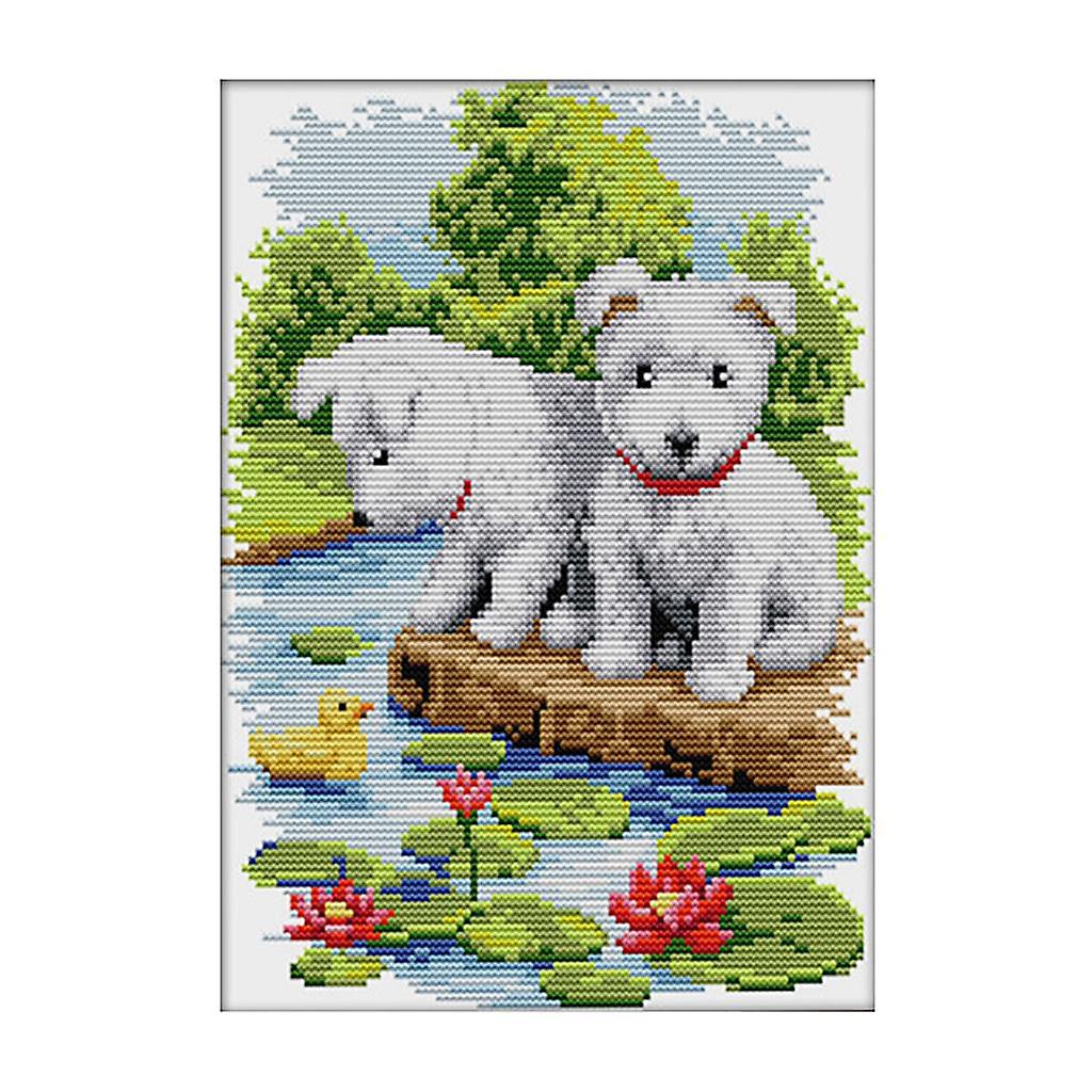 Stemplede & tællede korsstingsæt - Søde hundehvalpe 11ct