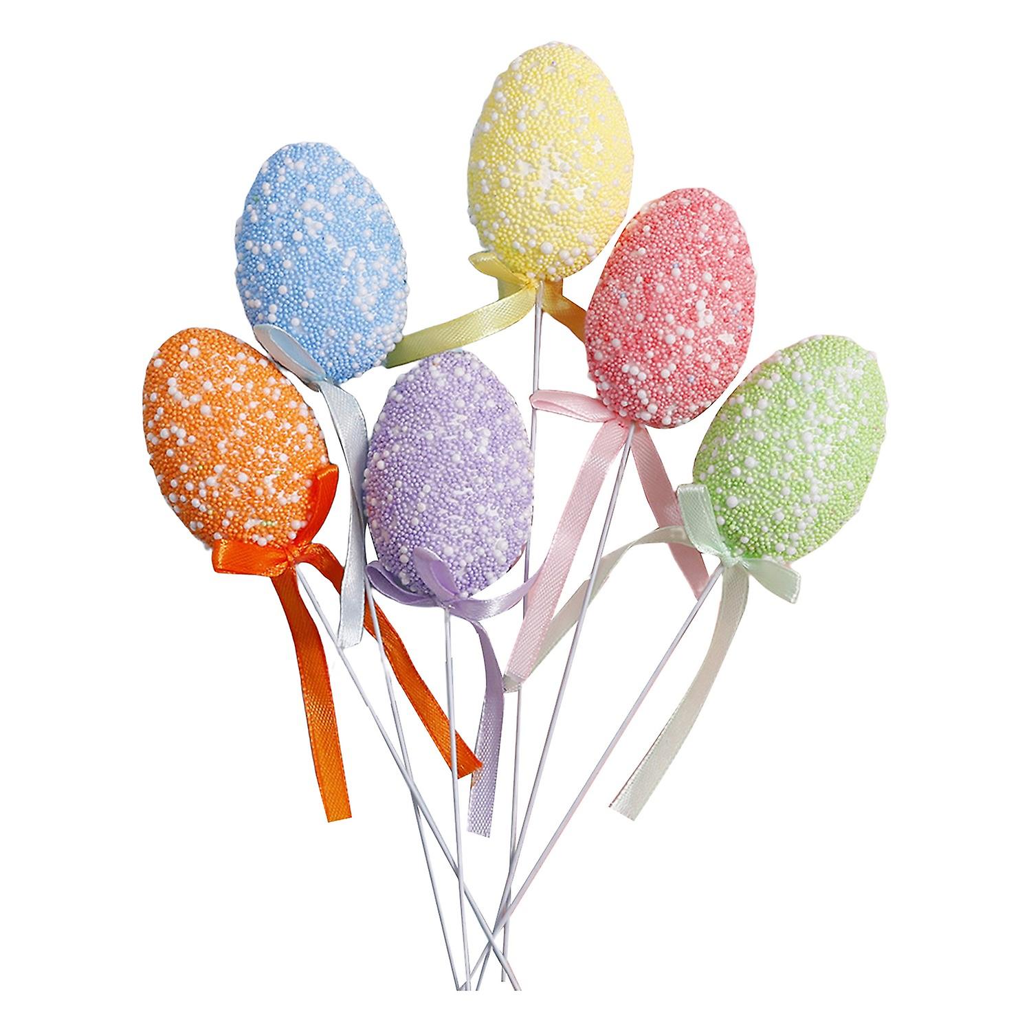6Pcs Ribbon Bowknot Decor Easter Eggs with Inserting Stick Bright Color Foam Artificial Eggs