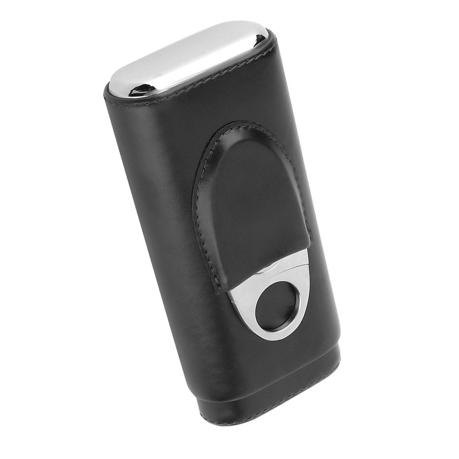 Portable Leather Cigar Case, Cedar Wood Lined, with Cigar Cutter (For 3 Cigars, Black)