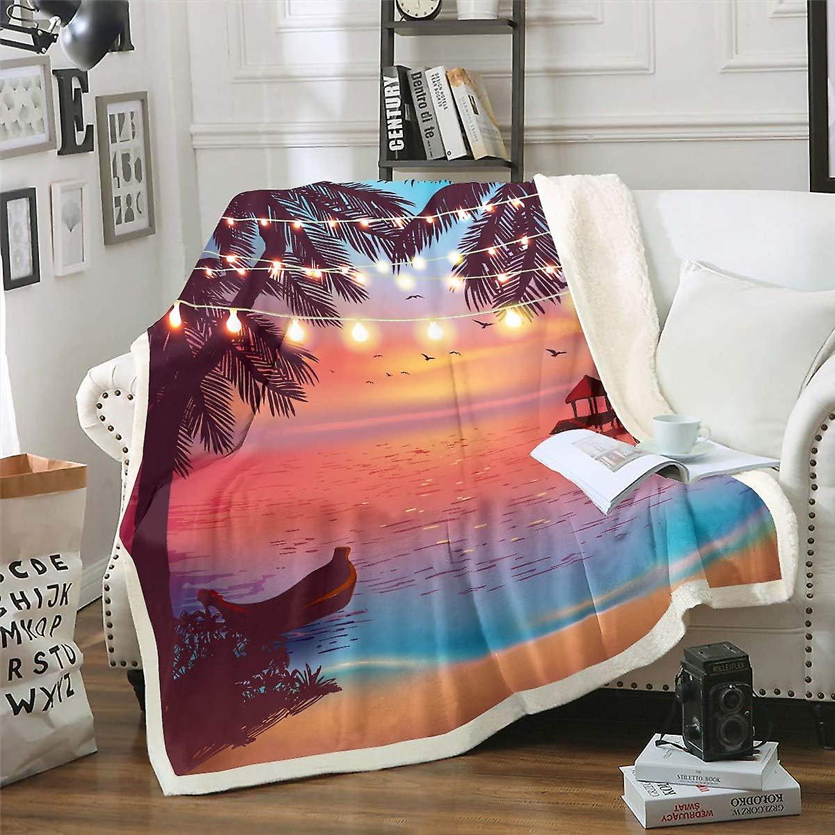 المحيط شاطئ الصوف بطانية شجرة النخيل طباعة شيربا بطانية لكرسي أريكة أريكة البحر غروب الشمس مشهد بطانية غامضة استوائية هاواي عطلة أفخم رمي 