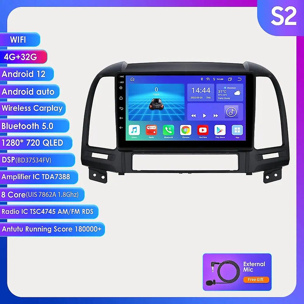 Ossuret Android 12 Qled 2din Head Unit Car Stereo For Hyundai Santa Fe 2 2006 - 2012 Multimedia Player Gps Navi Auto Carplay Dsp