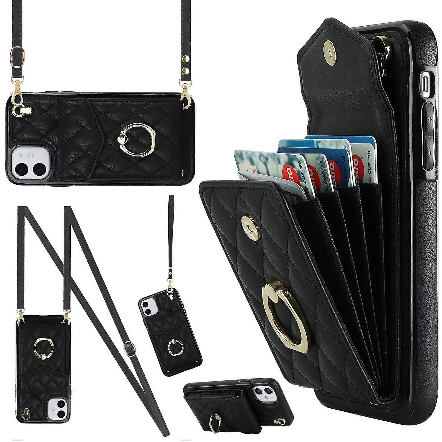 For iPhone 11 Rhombic Texture Card Bag Phone Case with Long Lanyard