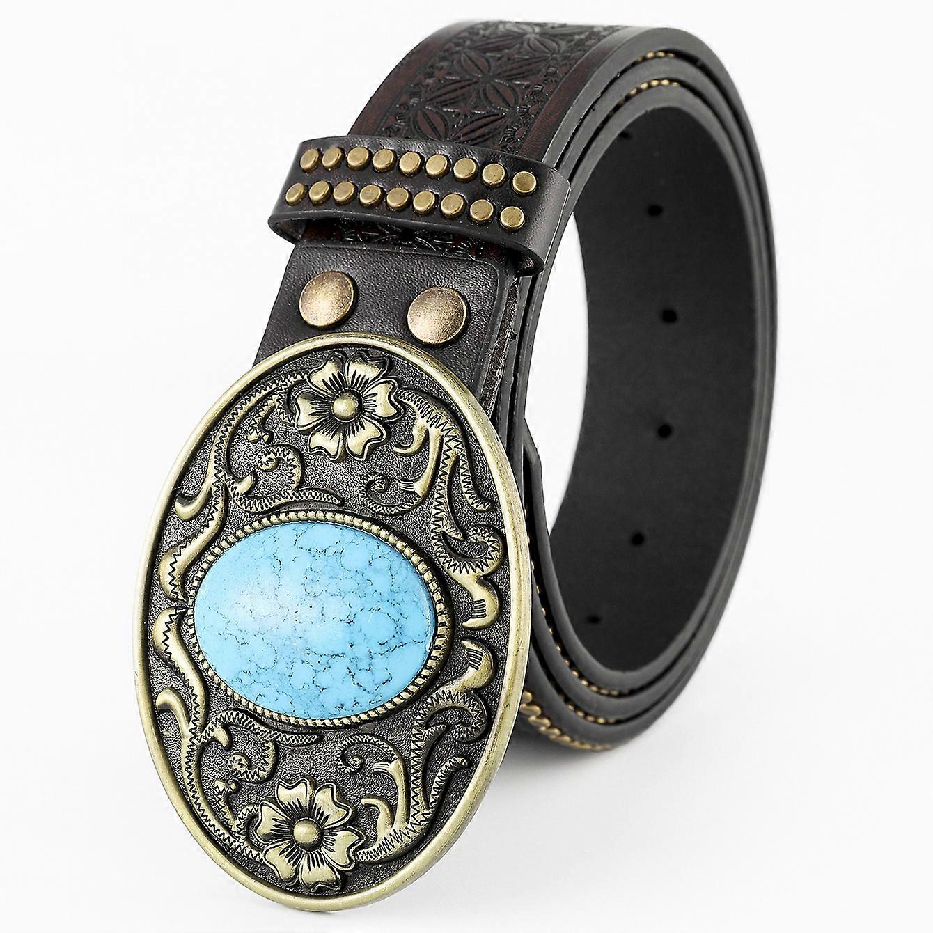 حزام غربي من جلد رعاة البقر مع حزام مشبك بنمط أرابيسك - 125 سم قابل للتعديل