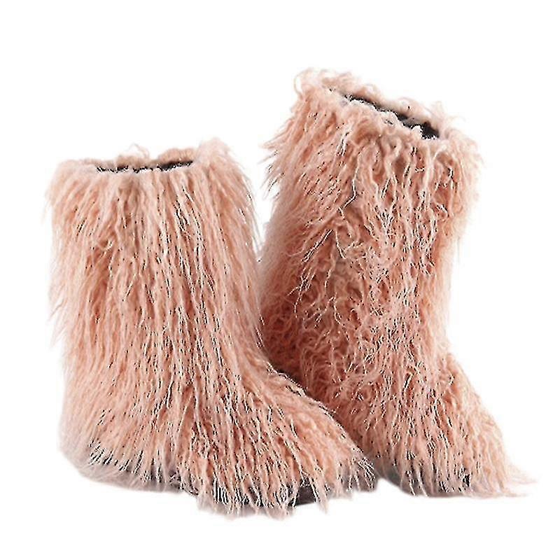 Real Beach Wool For Women Fuzzy Fluffy Furry Round Toe Suede Winter Comfy Plush Warm Short Snow Bootie Flat Shoes Mid-calf Boots Outdoor Ind