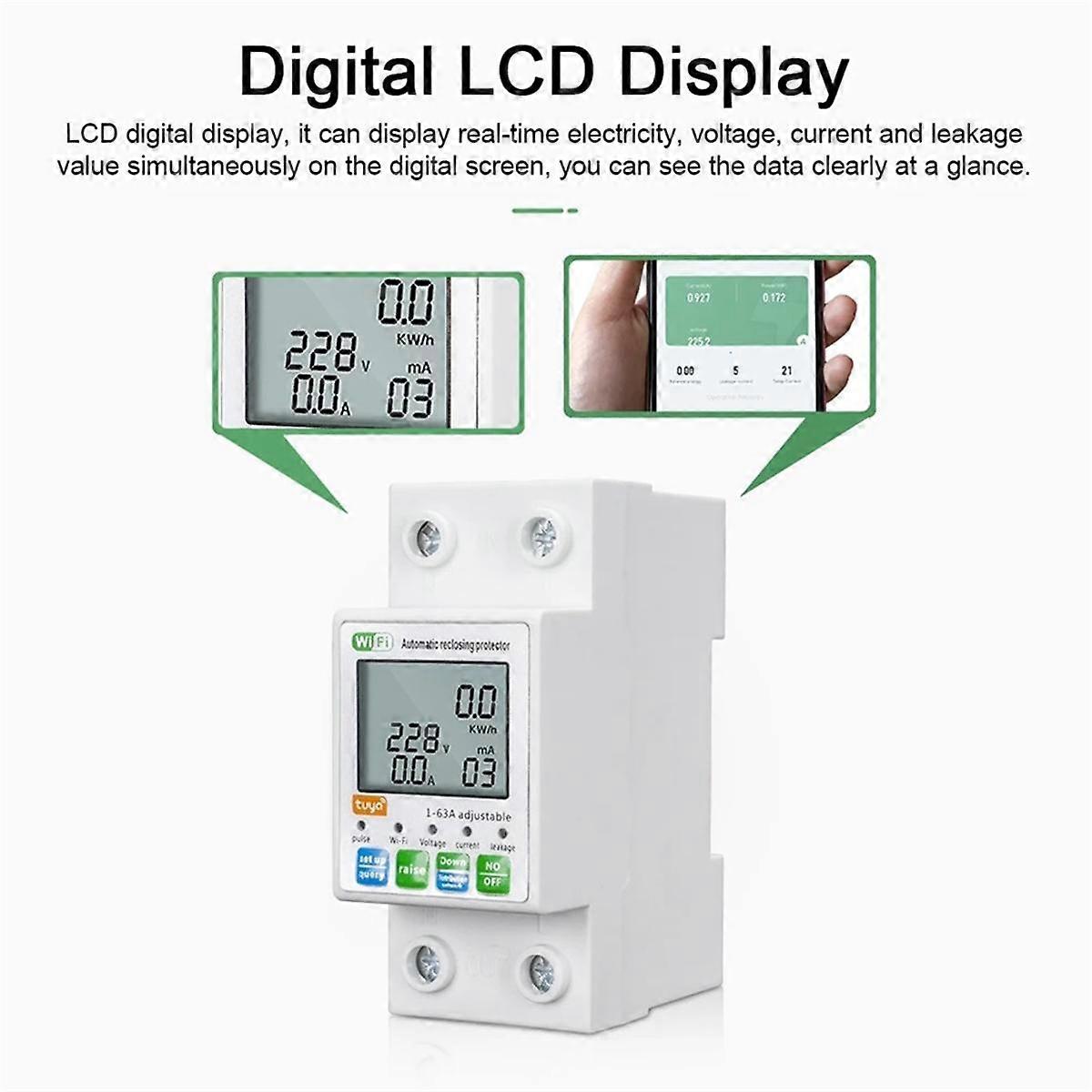 Tuya WiFi 1-63A Intelligent Automatic Reclosing Protector Current Voltage Monitoring MeterDisplay S