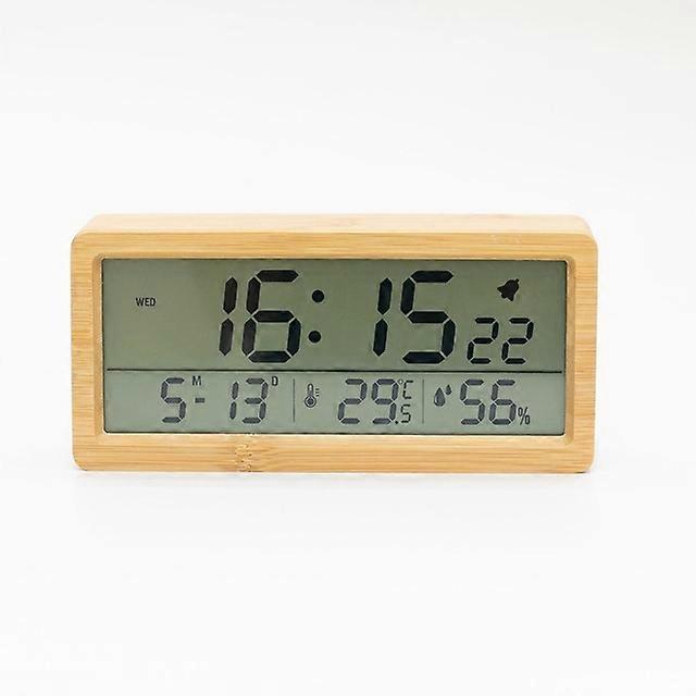 LED Wooden Digital Alarm Clock Multifunctional Large Screen Date Temperature Humidity Backlight 12/24 Hour Snooze Table Clock