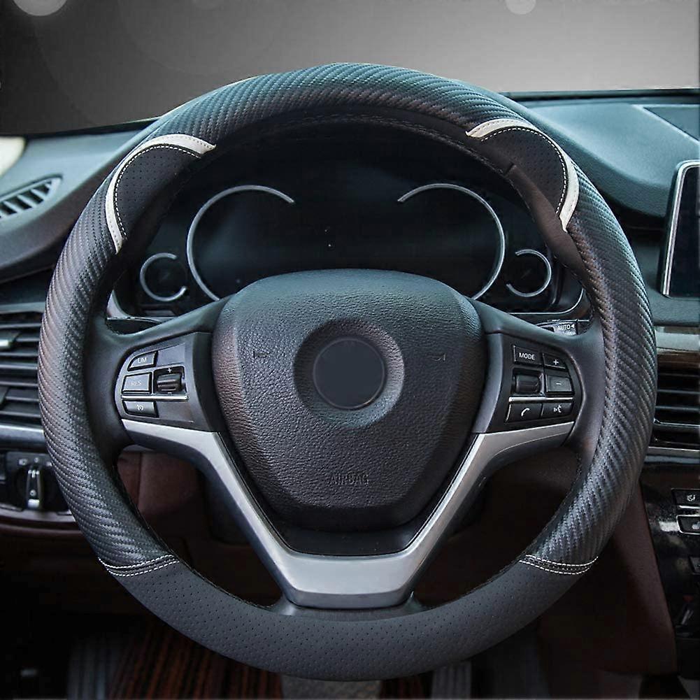 Söt Kolfiber Rattkåpa Syntetiskt Läder Auto Bil Rattkåpa För Kvinnor Universell Passform 15 Tum (Svart)