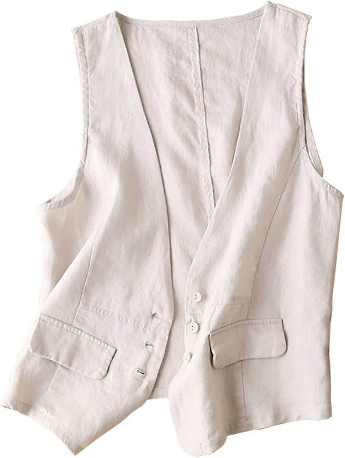 Kvinder Bomuld Linned Vest Casual Løs V hals Ærmeløse Veste Jakke (kui)