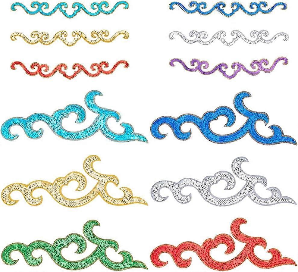 12 Style Wave Pattern Clothing Sequin Patches Iron on Metallic Polyester Thread Embroidered Appliques Mixed Color 40~120x240~305x0.8mm