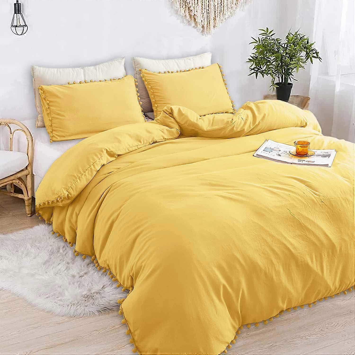 Pom Pom Fringe Duvet Cover 3 Piece Bohemian Farmhouse Microfiber Set