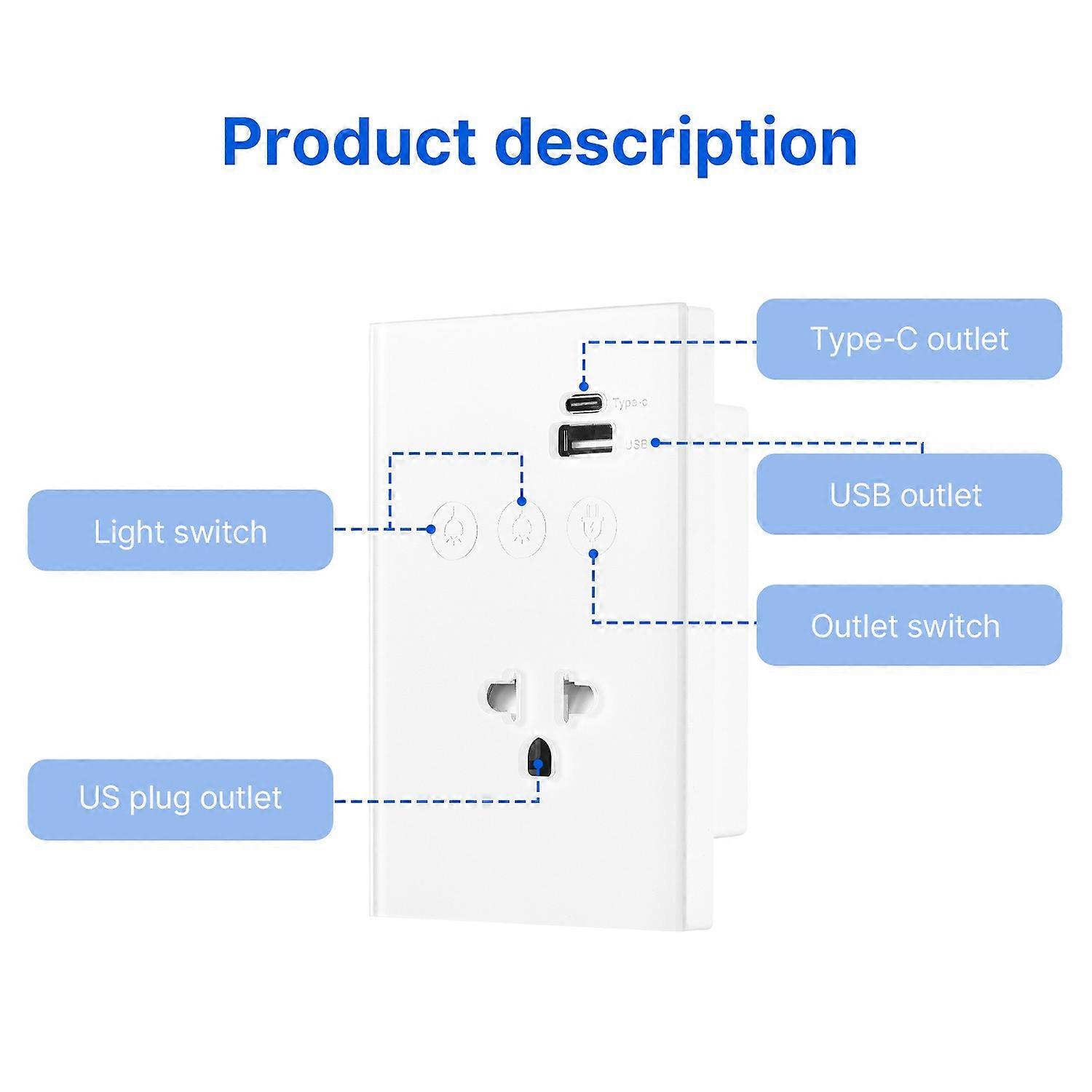 2.4GHz WiFi Wall Touch Light Switch with Type-C USB Power Outlet Neutral Wire Required 2 Way Control