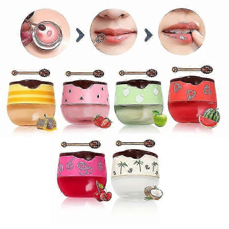 6τμχ Honey Lip Balm Honey Pot, Ενυδατική Μάσκα Χειλιών Πρόπολης με Stick, Strawberry Lip Balm Lip Mask για Ξηρά &; Σκασμένα Χείλη