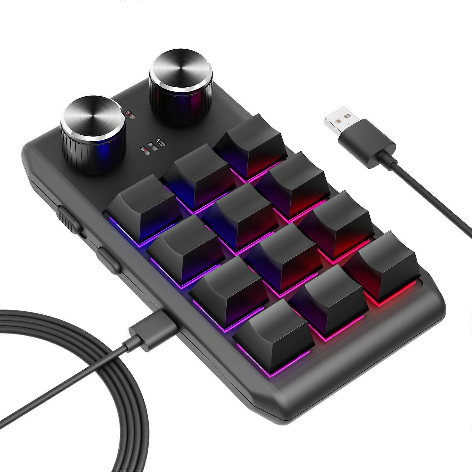 12 Keys Wired With RGB Lights Customized Office Keyboard Shortcut Keys Computer Audio Volume Control 12 Keys+2 Knobs