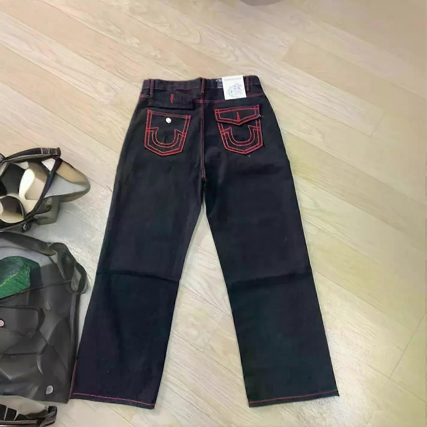 أمريكي الرجال الهيب هوب جيب التطريز العصرية العلامة التجارية لوح التزلج الجينز فضفاض عالية الخصر مستقيم شارع عارضة واسعة الساق السراويل