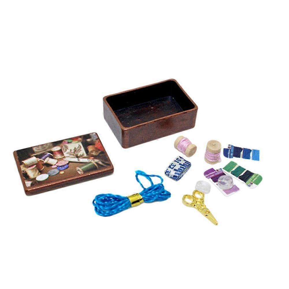 1:12 Scale Dollhouse Miniatures Sewing Box Thread Scissors Ruler Accessories