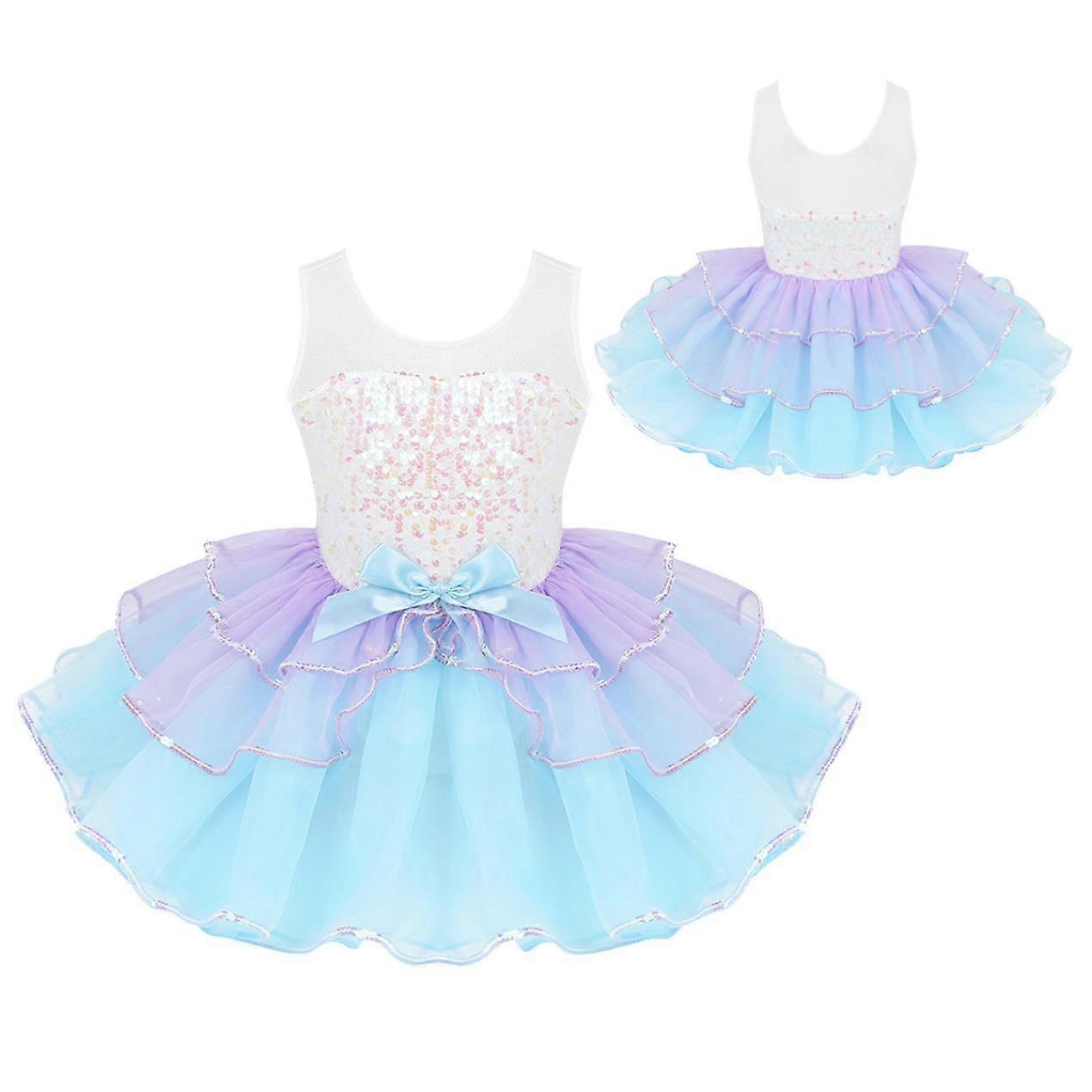 Kids Girls Dancewear Shiny Sequins Mesh Splice Bowknot on Waist Ballet Dance Gymnastics Leotard Tutu Dress