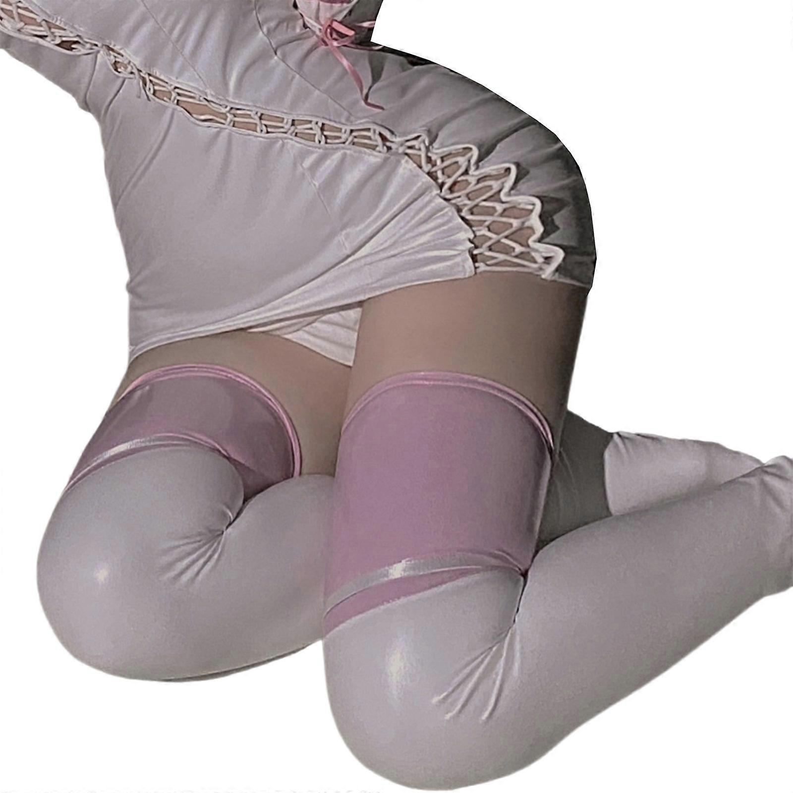 Färgblock Randig Wet Look Faux Läder Lår Höga Strumpor Elastiska över knä strumpor med glansig finish för kvinnor Vit XL