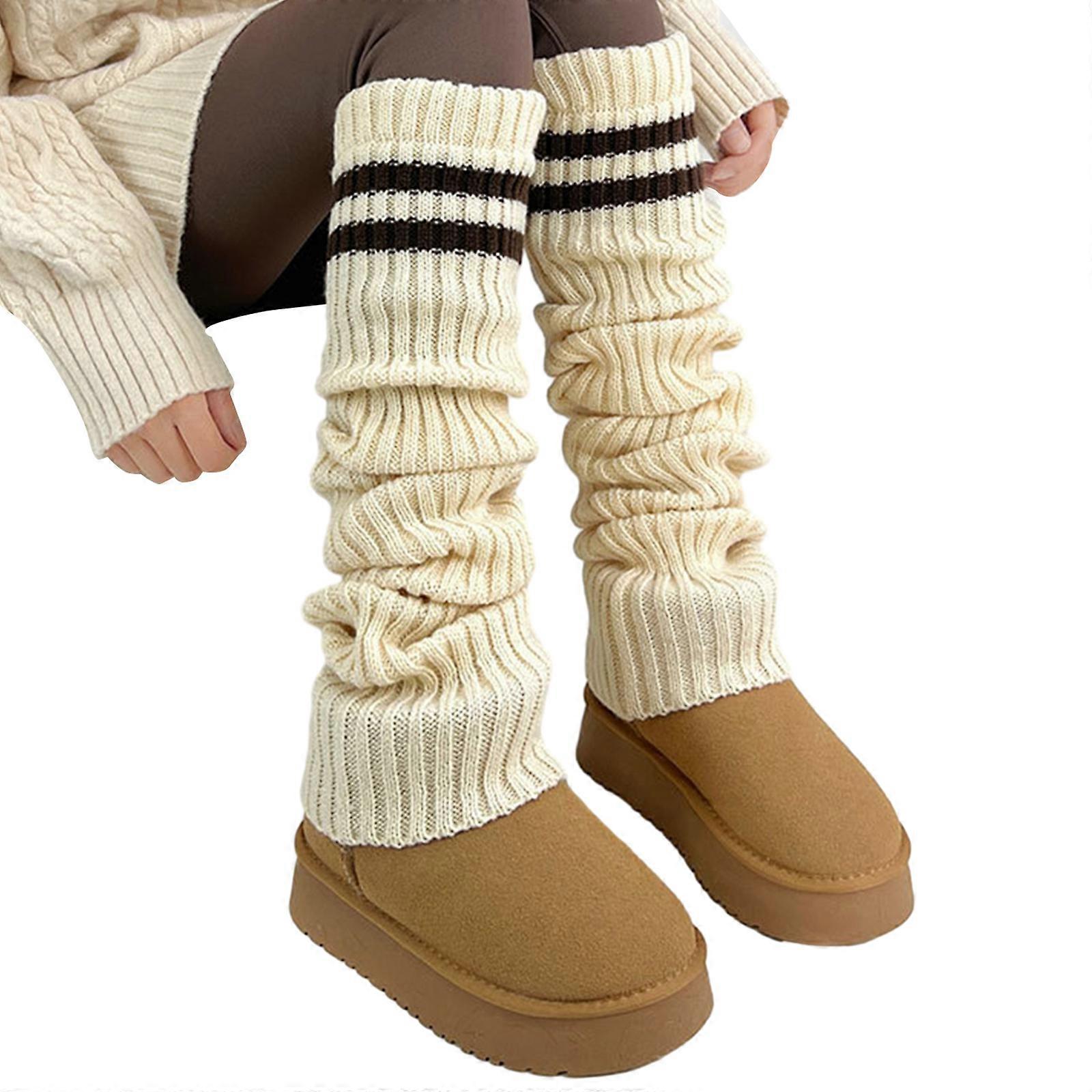 חורף סתיו מצולע לסרוג רפוי רגל חם יותר בסגנון Preppy כפול פסים כיסויי אתחול מעל הברך גרביים ארוכות לנשים צבע משמש אורז