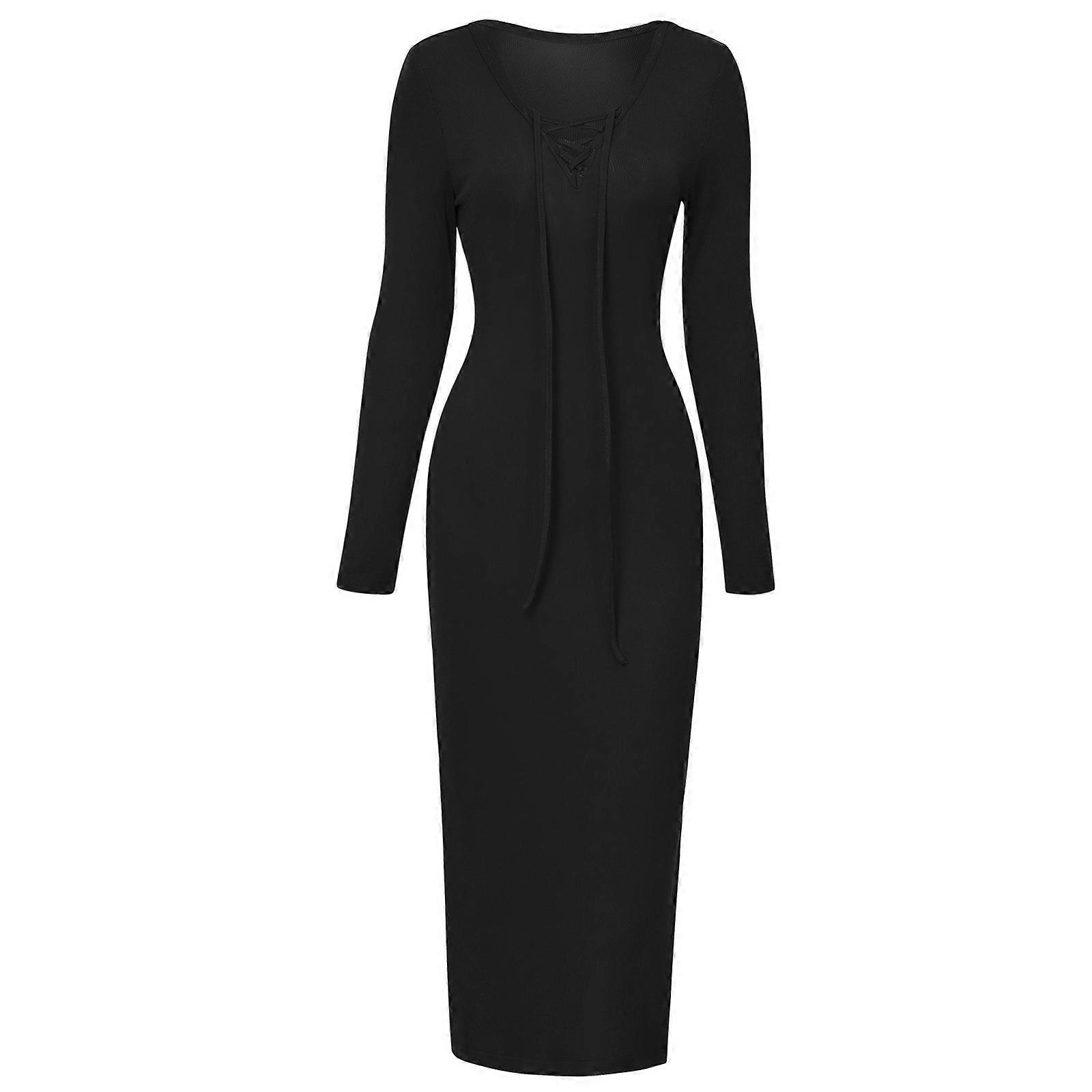 Midi Sweater Jurk voor dames Lange Mouw Veters V-hals Zijsplit