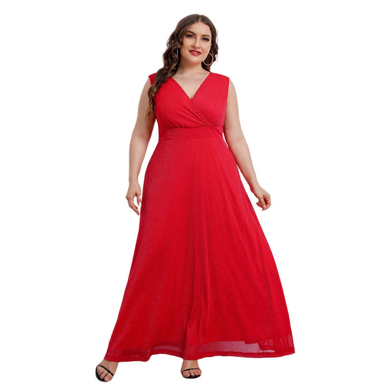 Women Maxi Dress Elegant Evening Dress Fashion Solid Color Holiday Dress  Plus Size Sleeveless Dress V Neck for Sun Dress Red XXXXL | Fruugo UK