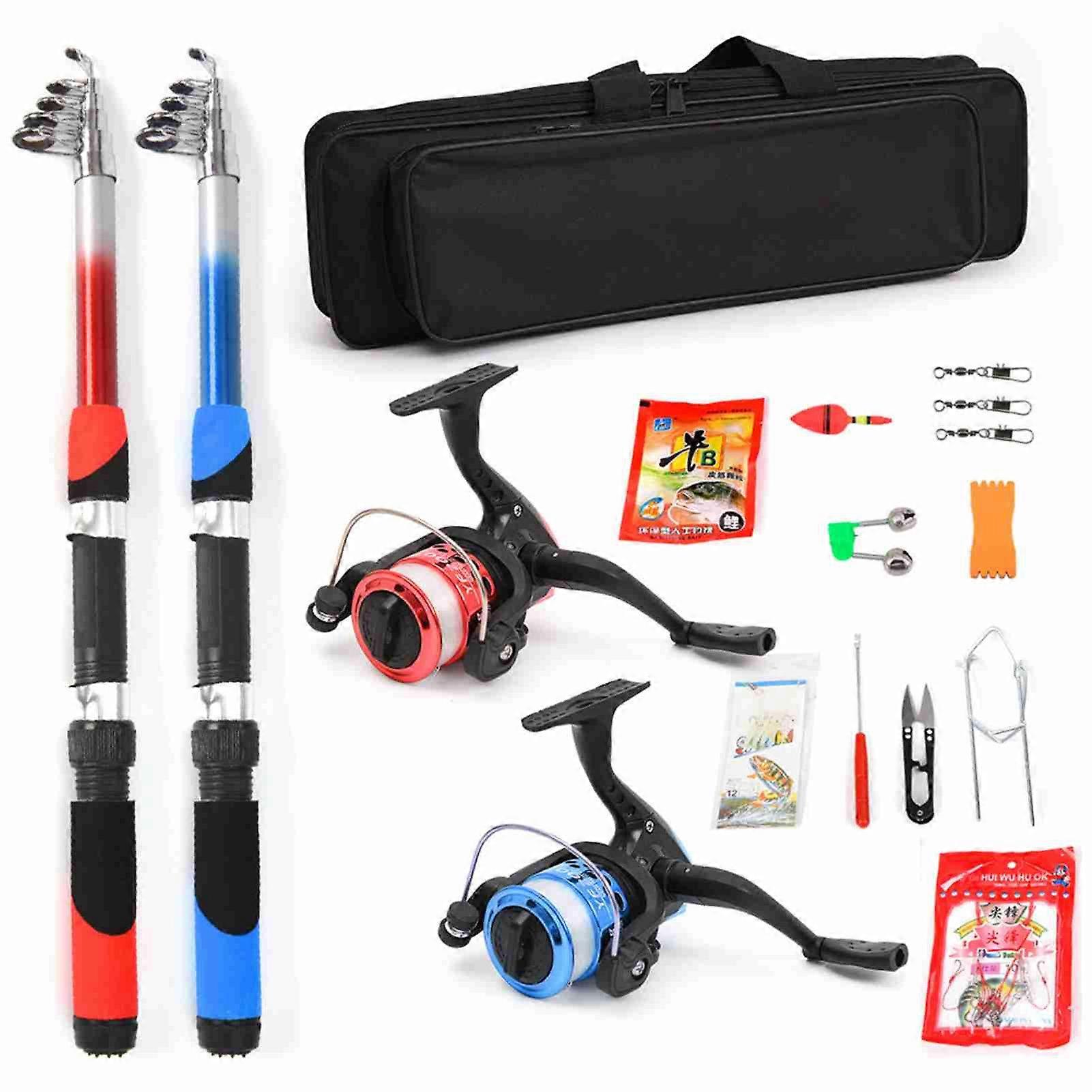 Complete ultra light fishing rod kit with reel and 2 x 2.1m telescopic fishing rods, reels, lures, hooks, accessories and fishing bag.