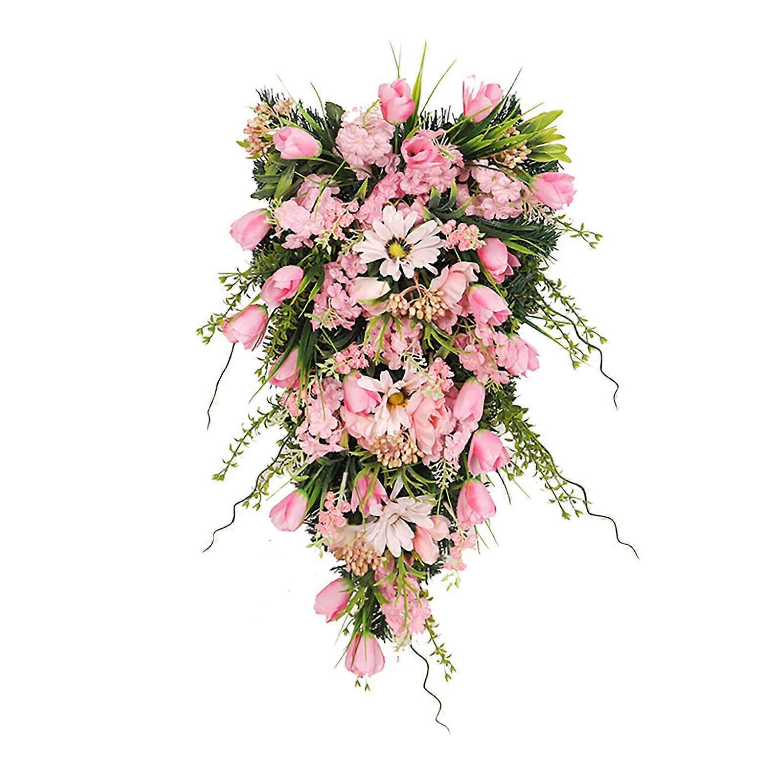Artificial Floral Teardrop Swag with DaWall Hanging Teardrop Wreath for Home Spring Summer Decor[Pink] Front Door,15.7inch Spring Teardrop Wreath ORN