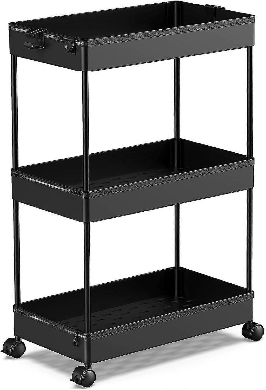 Rolling Storage Cart 3-Tier Utility Cart With Wheels Black Mobile Shelving Unit For Office And Home Bathroom Laundry