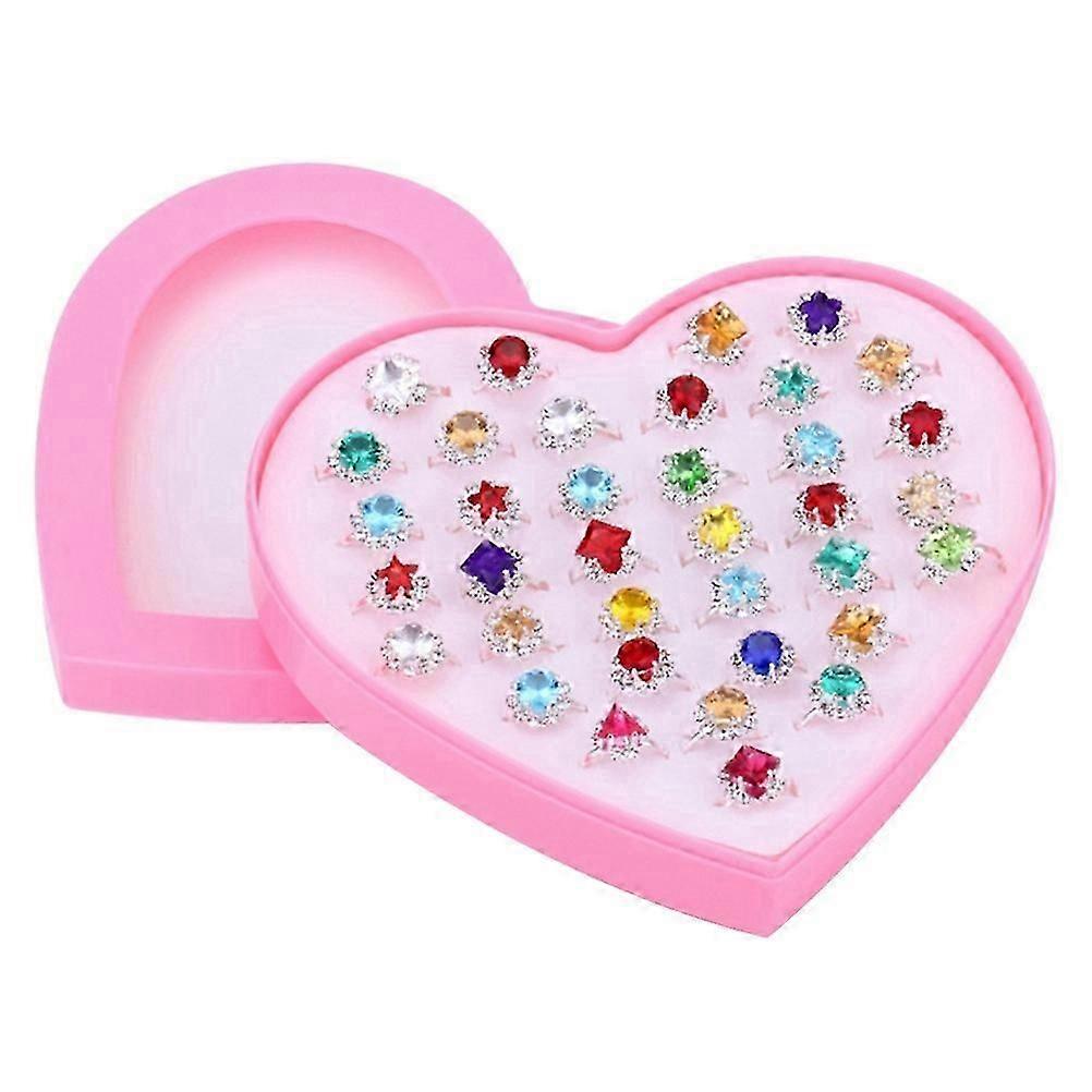 36pcs Crystal Children Rings Sparkle with Heart Shape Display Case for Kids Birthday Party Favors (Random Pattern)
