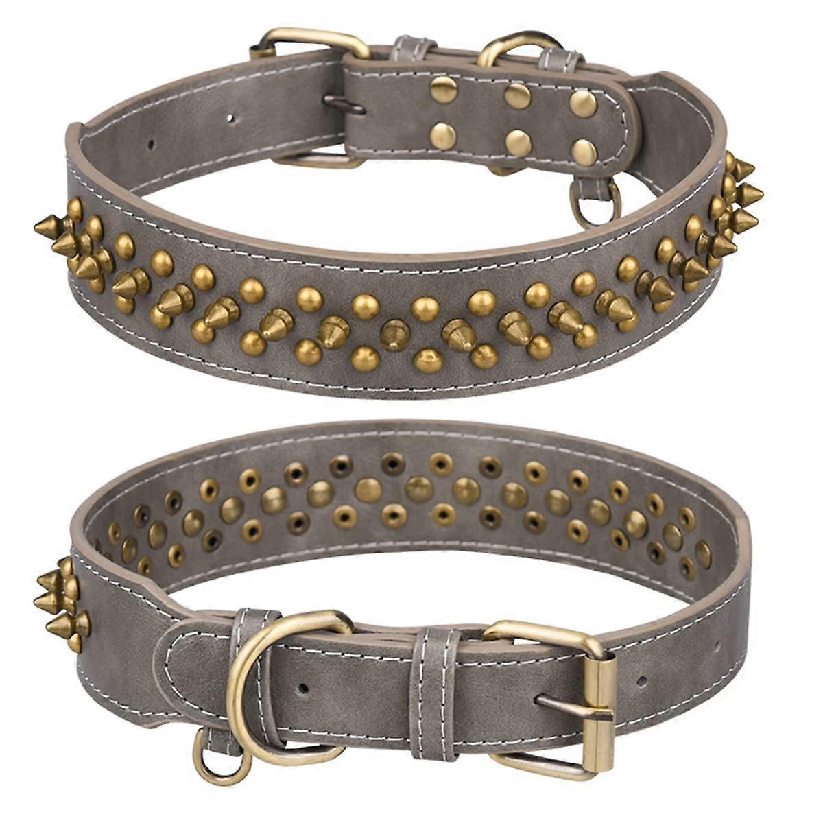 Spiked Dog Collar Soft PU Leather Adjustable Puppy Collar with Mushrooms Rivets Size M in Grey