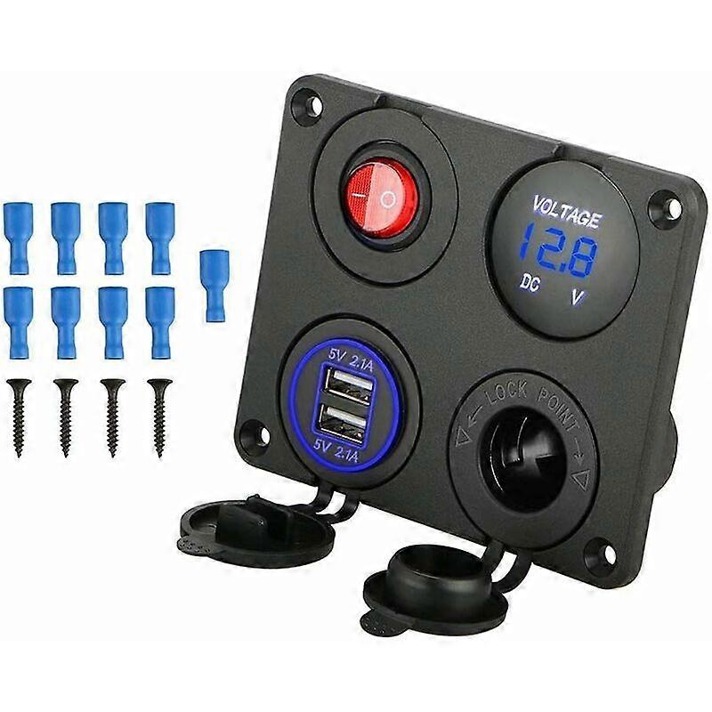 Dual USB Charger Aluminium Switch Panel, LED Voltmeter, 12 V Socket + On/Off Switch 4 Hole Button Strip for Car Boat Marine Truck Motorcycle RV ATV Ve