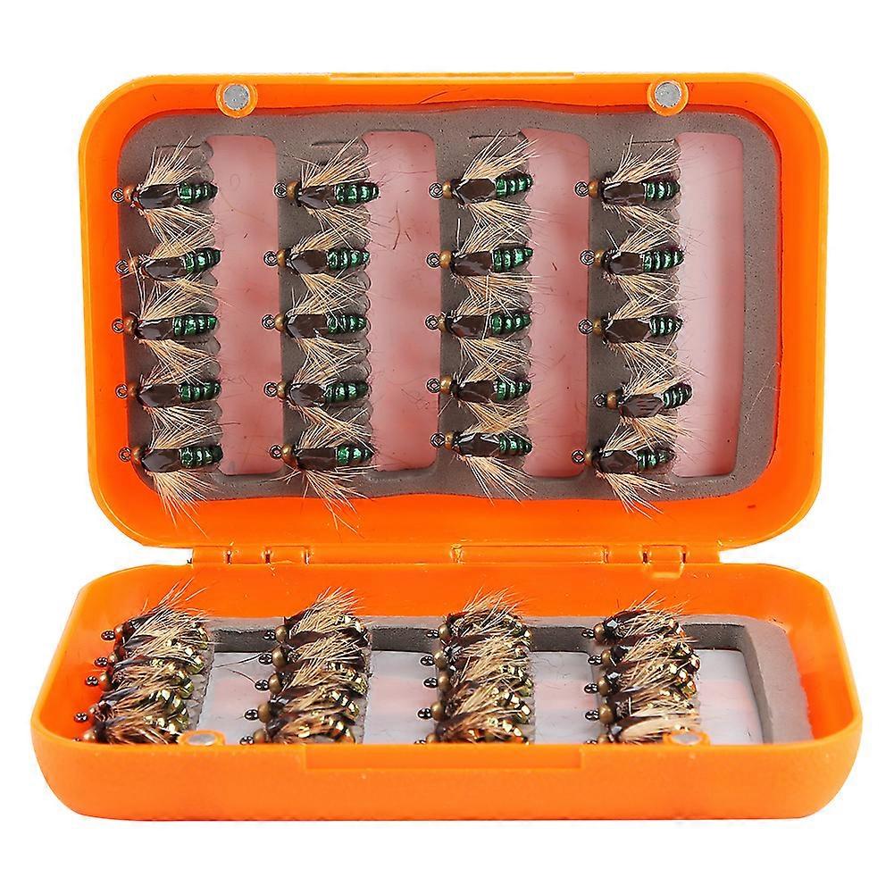 40pcs Realistic Fly Fishing Flies Trout Lures Hooks Gold Green Box
