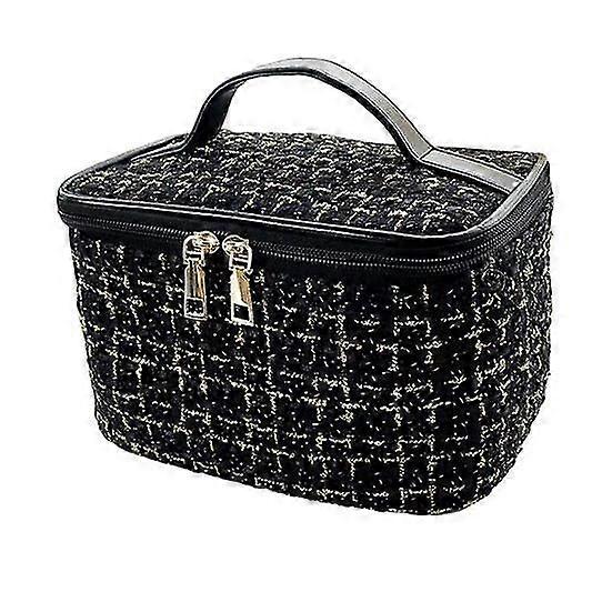 Cosmetic Bag Set Plaid Texture Zipper Closure Large Capacity Inner Mesh Pockets Retro Portable with Handle Toilet Requisites Storage Toiletry