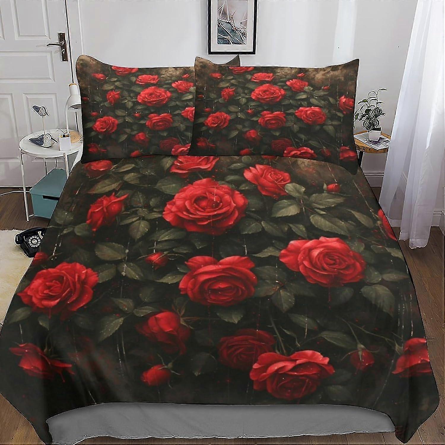 3-Piece Quilt Cover Set with 3D Printed Red Roses and Microfiber, Includes Hidden Zipper Closure and Pillowcases