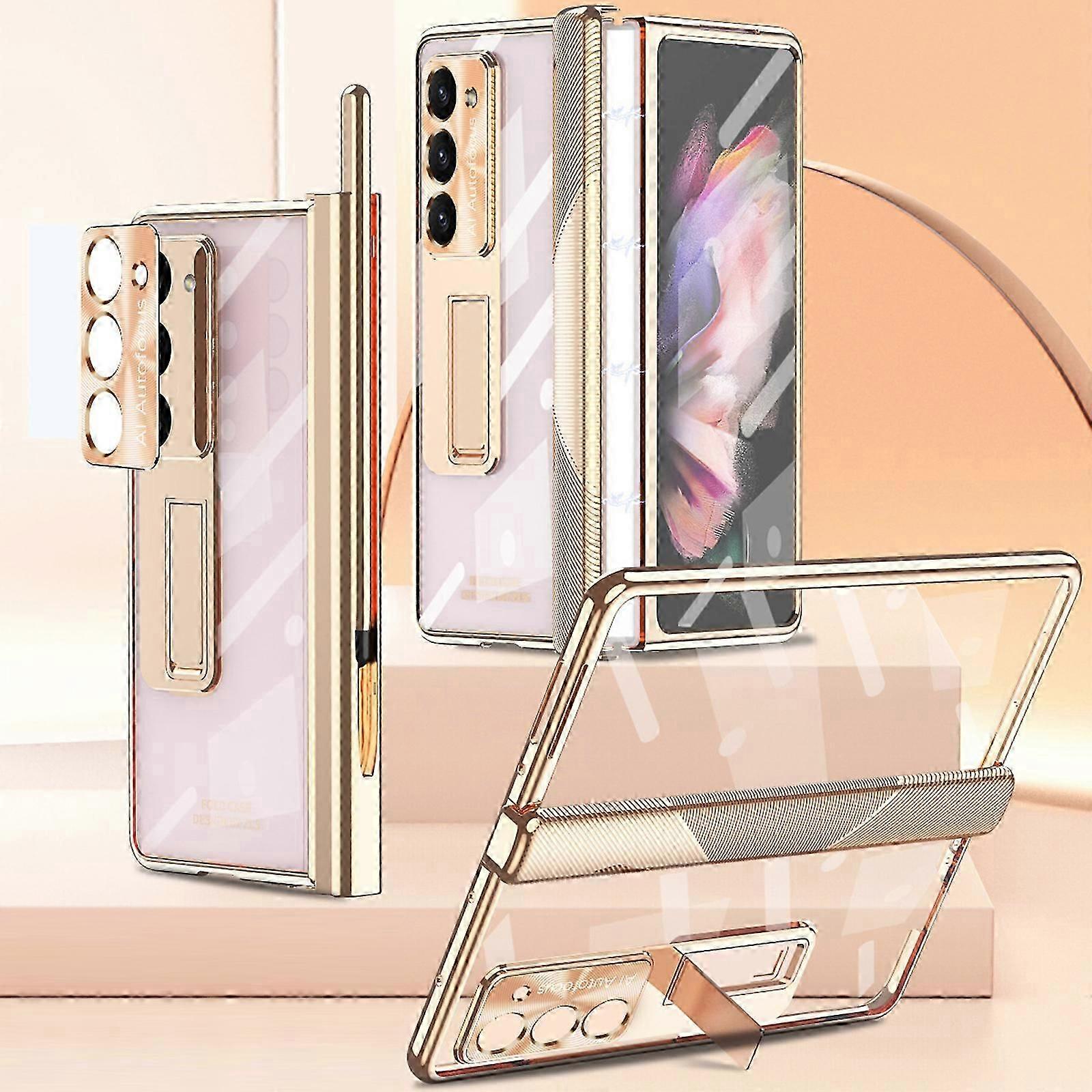 for Samsung Galaxy Z Fold 5 Case with S Pen Holder & S Pen, Plating Magnetic Hinge Protection & Screen Protector & Kickstand & Lens Film Case Z Fold 5