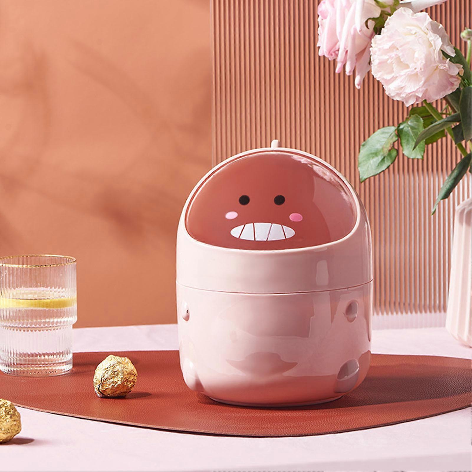 Mini Desktop Trash Can with Swing Lid Cute Little Dinosaur Countertop Garbage Bin Plastic Tiny Tabletop Wastebasket L Pink