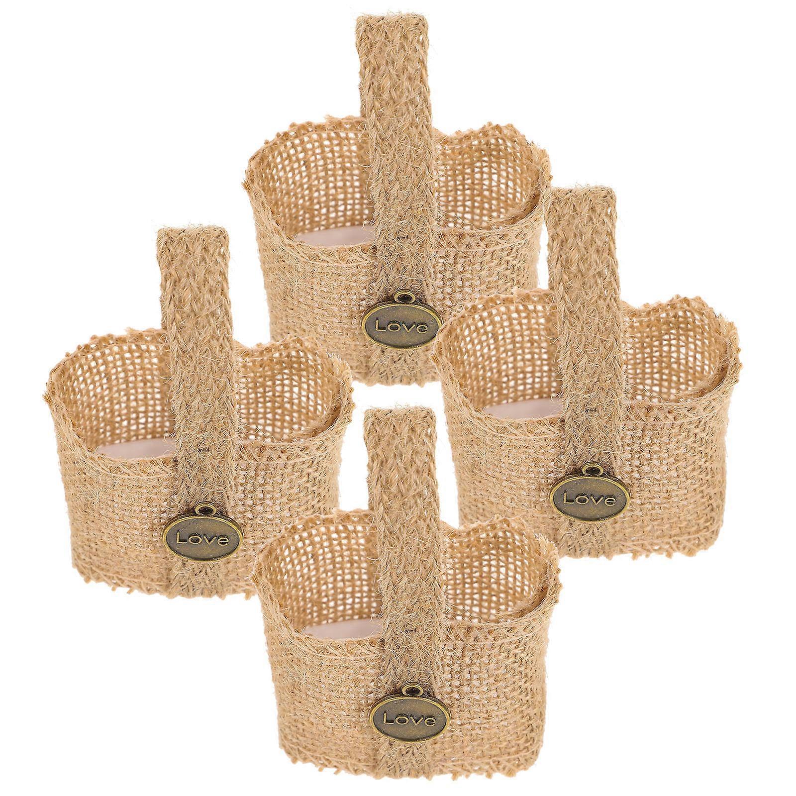 Flower Girl Basket With Petals Decorative Storage Bag Linen Material Wedding Party Special Events 4Set