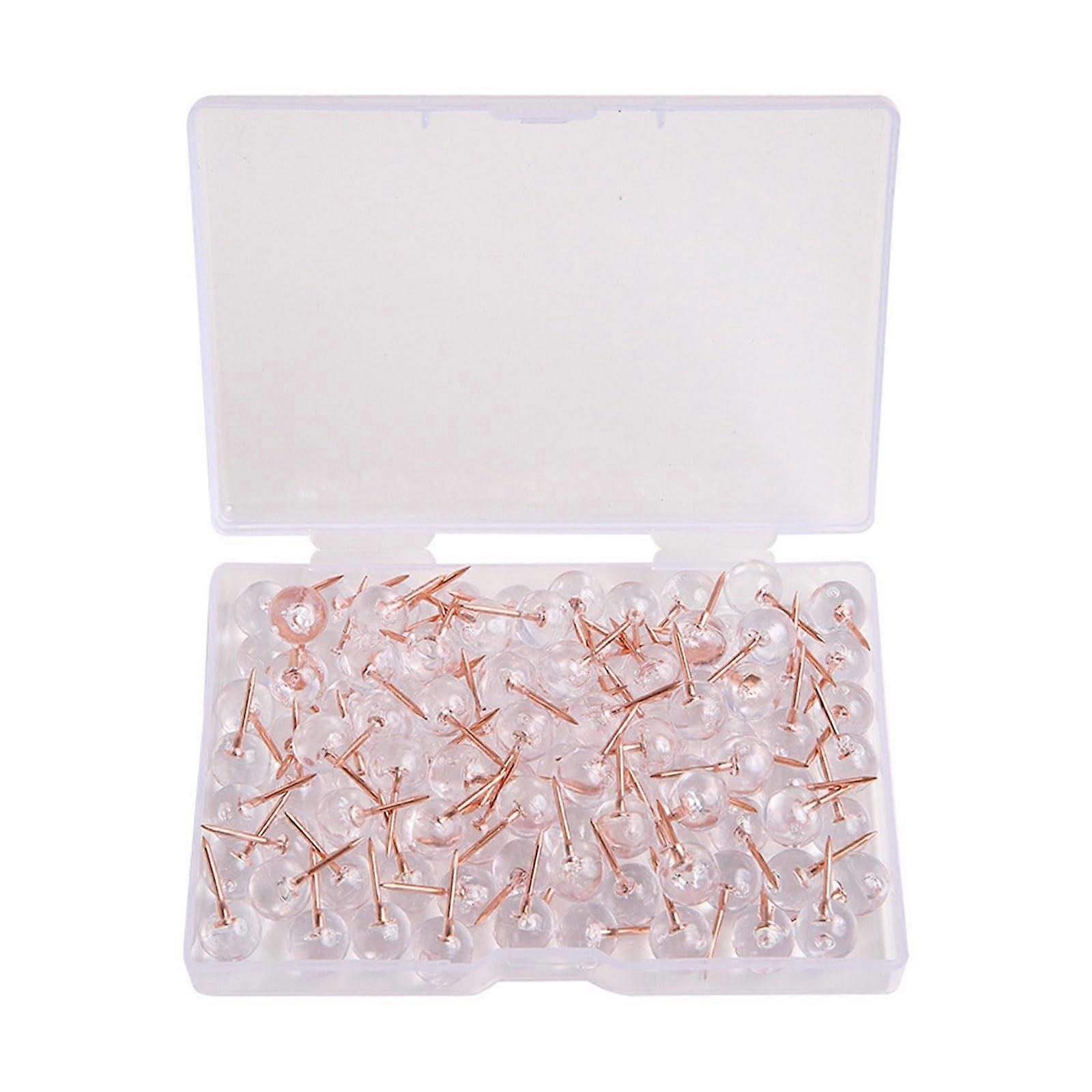 Thumbtacks in rose gold, large size with clear round heads, elegant design, thumbtack set for bulletin boards, 100 pieces.