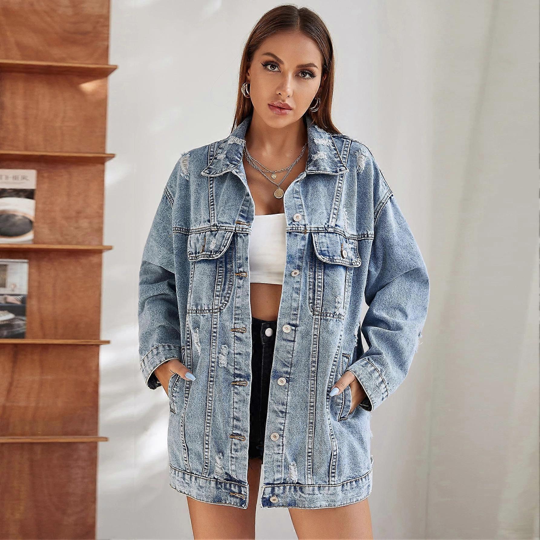 Denim Jacket Women's Plus Size Hole Breaking Loose Mid-Length Jacket