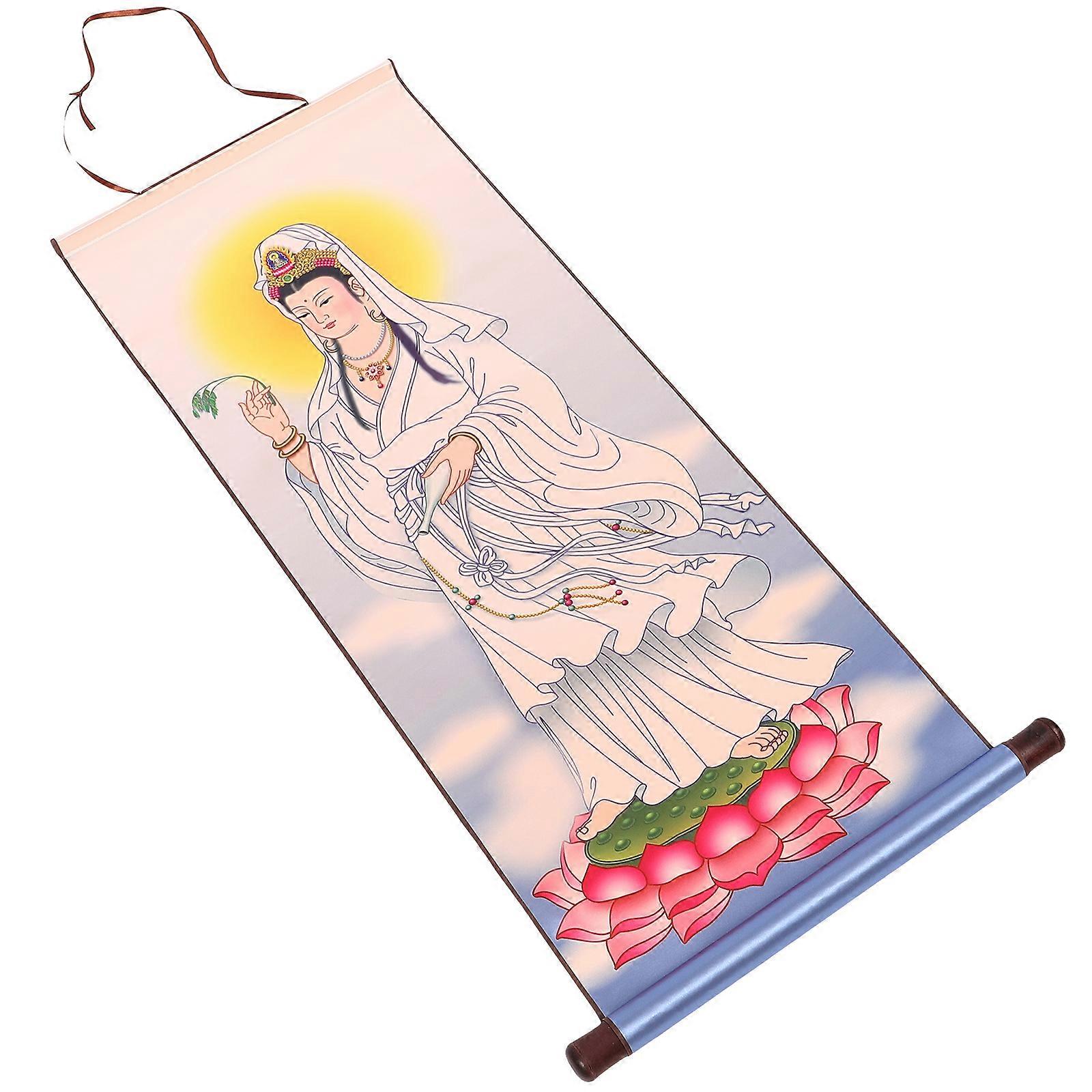 Guanyin Wall Scroll Art Religious Home Decor Painting for Worship and Room Decoration Warm Color Ambiance for Loved Ones and Spiritual Spaces