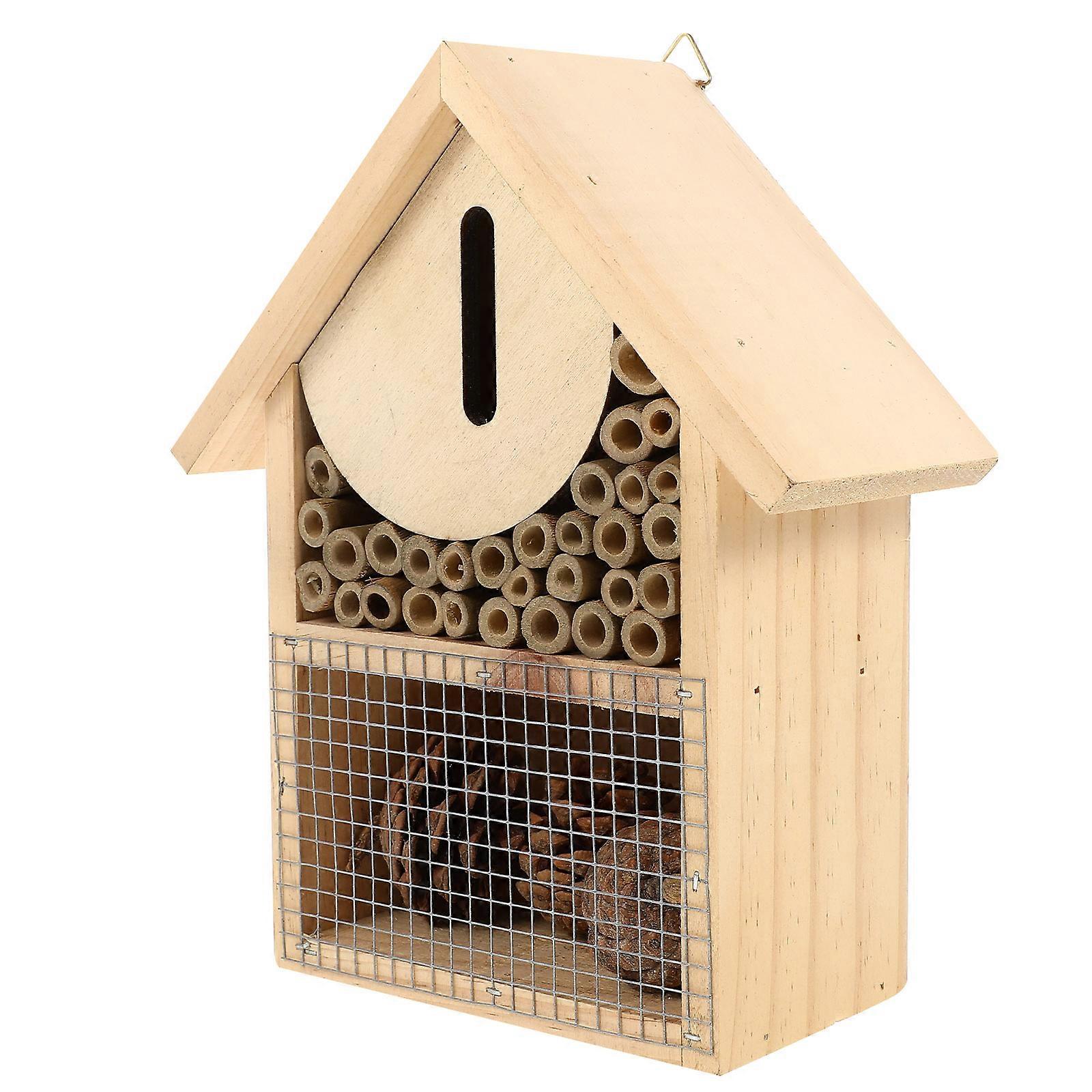Wooden Hanging Bee House Shelter for Garden Insects Pollination Nesting – Natural Wooden Design Attracts Bees, Butterflies and