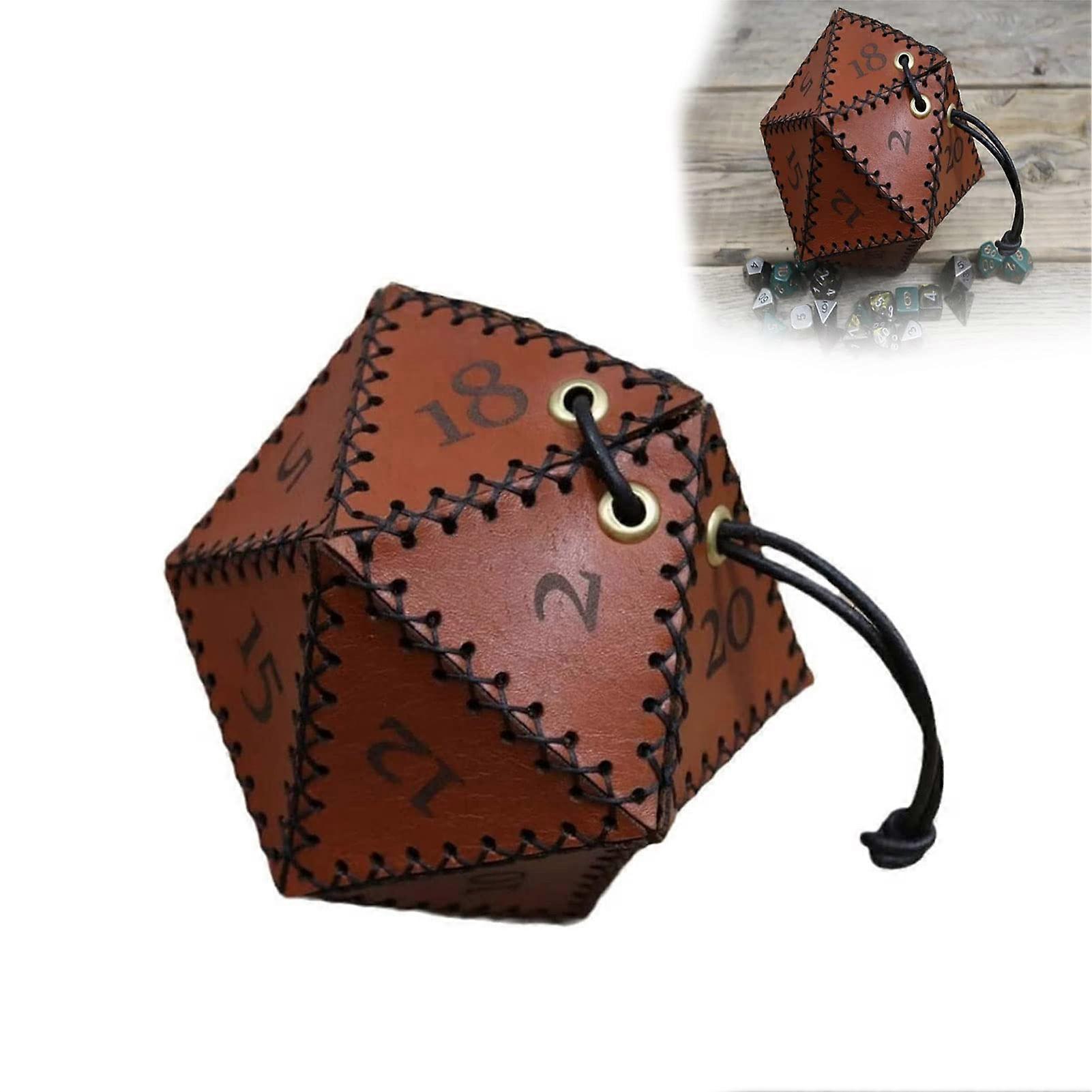 Leather D20 Dice Bag, Polyhedral Dice Pouch Portable Drawstring Bag, Unique Dice Shape Dice Bag (A)