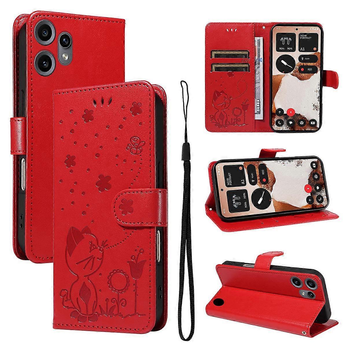 Cat and Bee Embossed Flip Leather Phone Case