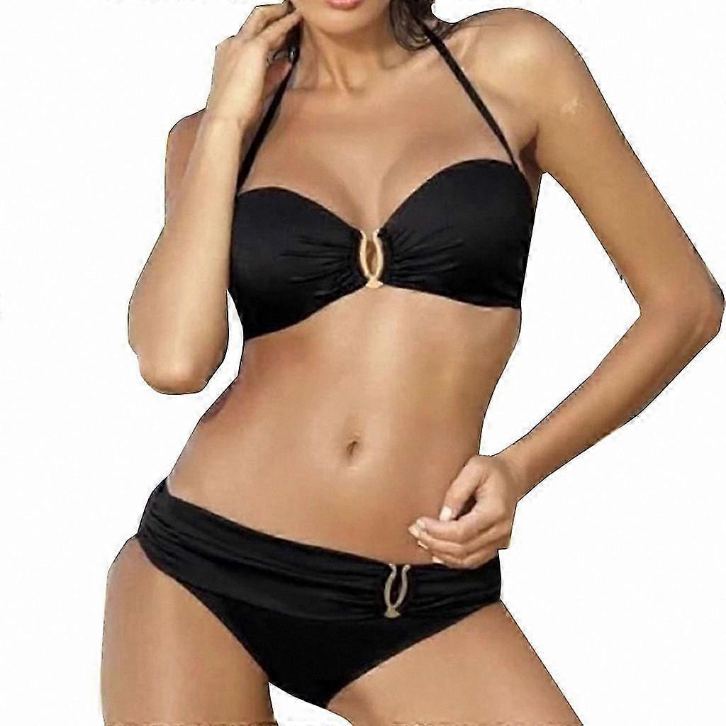 Ensemble de bikini rembourré à armatures de couleur unie pour femmes - taille basse froncé, style dos nu, détail U-Clip, jaune, taille XL