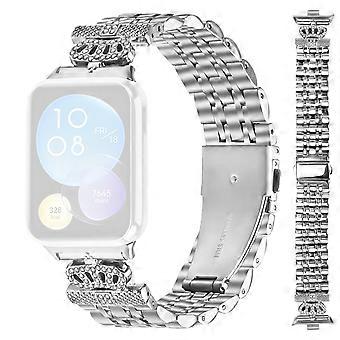 For Xiaomi Smart Band 8 Pro Watch Band 7-Bead Rhinestone Crown Stainless Steel Strap Silver