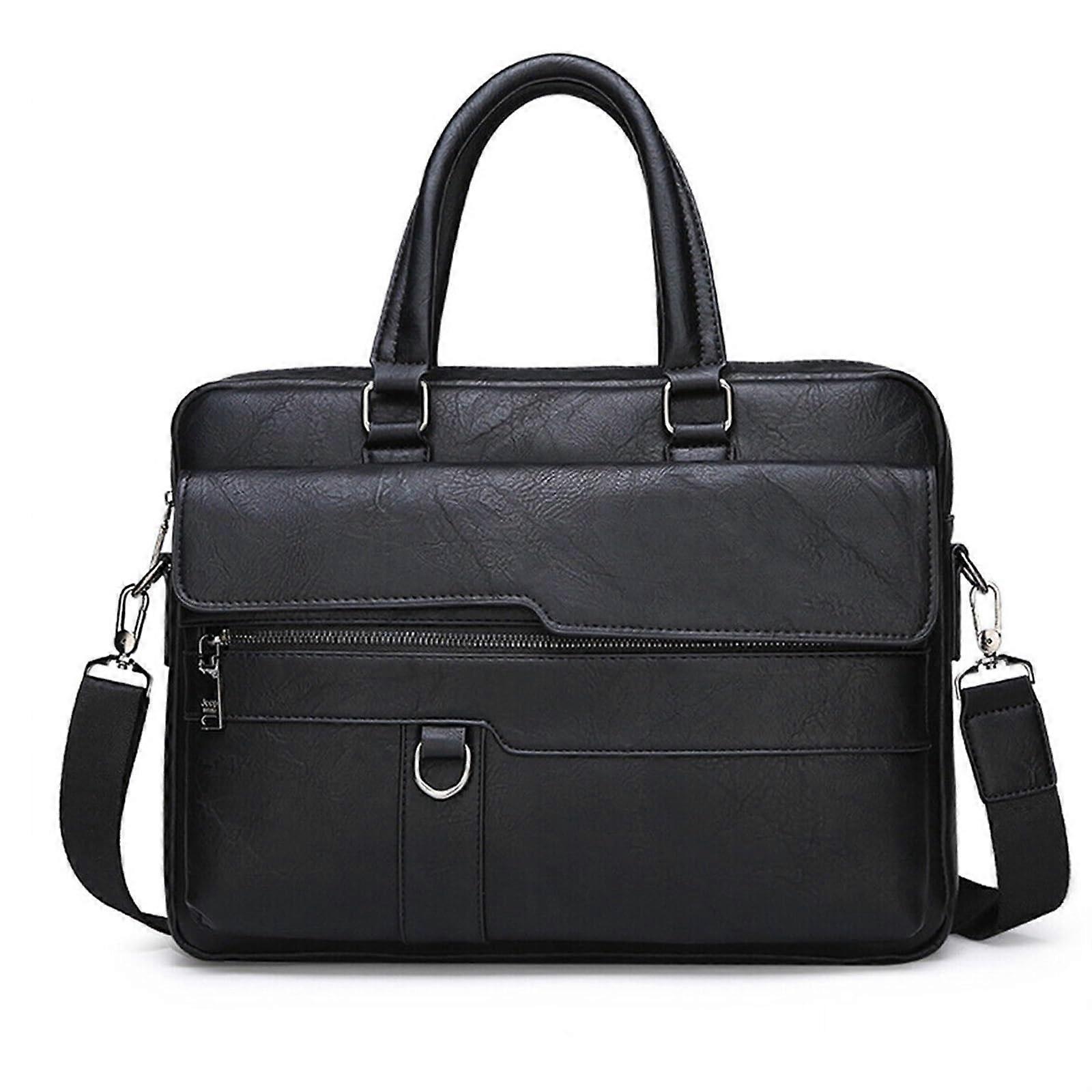 Mens Leather Briefcase Laptop Case Retro Business Crossbody Bag Black